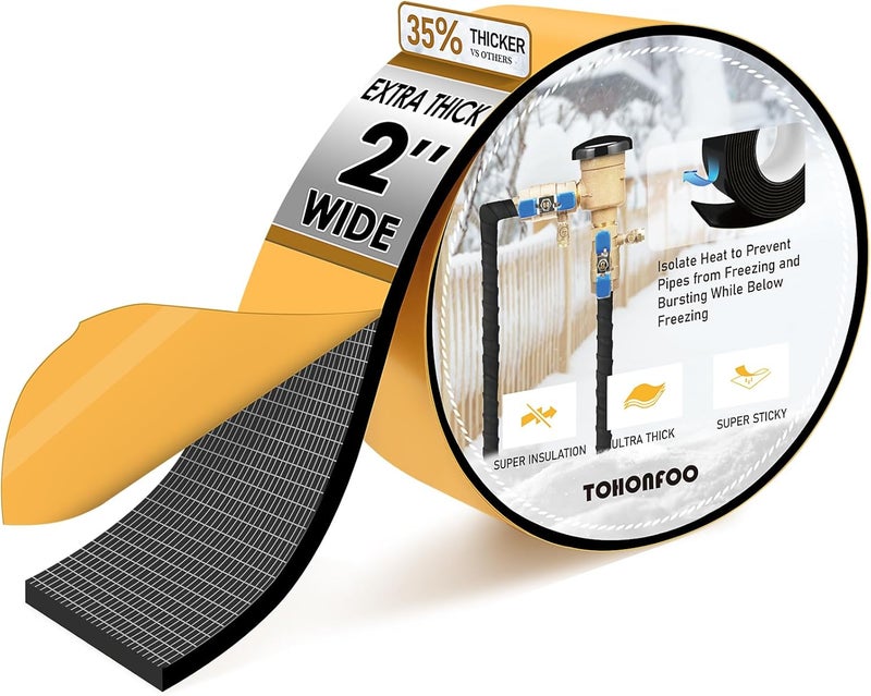 TOHONFOO Pipe Insulation Tape, Foam Insulation Tape for Outdoor Pipes Winter Freeze Protection, Foam Pipe Insulation Wrap, Heat Tape for Water Pipes, Copper Pipes, PVC, AC Line, 2in x 15ft, Black - Image 1